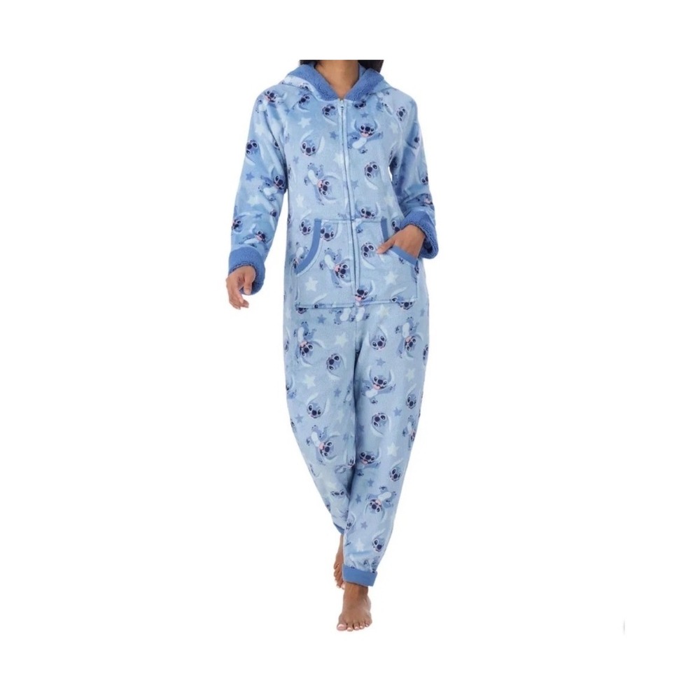 NWT Disney Stitch Women's One Piece Pajama Suit Blue Hooded Fleece Large Ohana